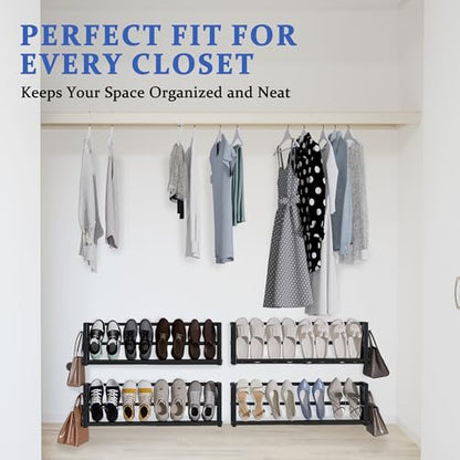 2 Pack Narrow Wall Mounted Shoe Rack for Small Spaces, Hanging Shoe Rack Holds 8 Pairs, 17"-30"Adjustable Heavy Duty Wall Shoe Storage with 4 Storage Hooks,Space Saving for Closet Entryway Door,Black