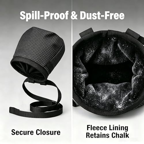Rock Climbing Chalk Bag, 210D High-Tensile Polyethylene Durable Chalk Bag with Fleece Lining & Adjustable Belt, for Bouldering, Gym, Weightlifting - color: Black