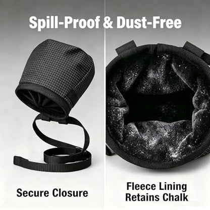 Rock Climbing Chalk Bag, 210D High-Tensile Polyethylene Durable Chalk Bag with Fleece Lining & Adjustable Belt, for Bouldering, Gym, Weightlifting - color: Black