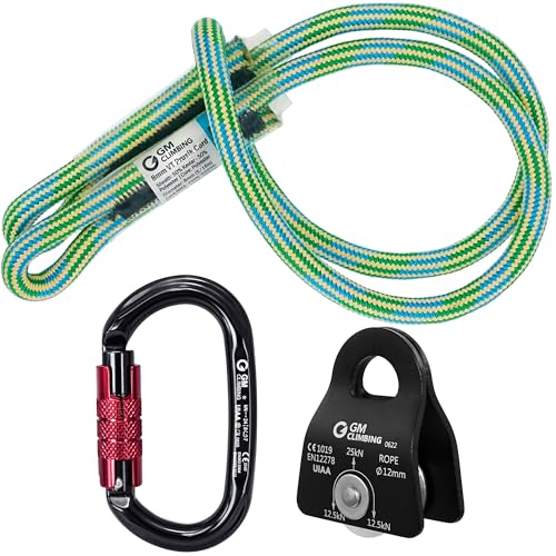 GM CLIMBING Micro Prusik Minding Pulley 25kN CE UIAA Certified 12mm Single Pulley Mobile Side Plates for Arborist Rigging Climbing Rescue - color: Pulley Kit | Black Pulley, Twist Lock