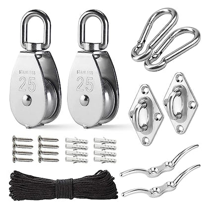 LAIWOO M25 Heavy Duty Stainless Steel Pulley Block, Rope and Hooks, 2 Pack | Includes eye pad plate and line cleat, corrosion resistant, for lifting, DIY and clothesline - size: M25-11P