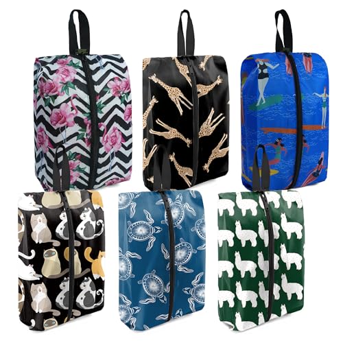 BeeGreen Shoe Bags 6 Pack Animal Design for Travel with Handle as Packing Organizers for Suitcase and Luggage | Portable Nylon Storage Accessories for Vacations, Essential Gifts for Women and Men - color: Deep Blue, Bright Blue, Black and White, Pink Whi