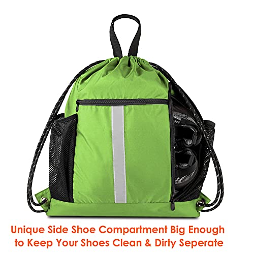 BeeGreen Cinch Bag Backpack String Gym Sackpack with Shoe Compartment and Two Side Mesh Pockets Large Lightweight Portable Sport Drawstring Sack - color: Lime, style: Drawstring With Shoe Compartment
