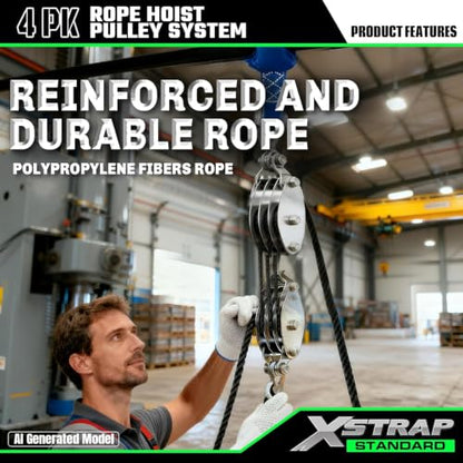 XSTRAP STANDARD Heavy-Duty 2,000 LB Breaking Strength 50 FT Rope Hoist | 1000Lbs work load, metal wheel bearing pulley for lifting heavy objects, includes 2 soft loops, heavy-duty rope hoist (Black) - color: 50ft Black Standard
