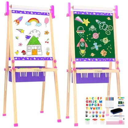 Wooden Art Easel for Kids,Double Sided Adjustable Magnetic Drawing Board | Kids Easel with Paper Roll,Whiteboard & Dry Erase Chalk Board,Toddler Easel for 4 -8 Year Old Boy Girl Birthday Gifts - color: Purple