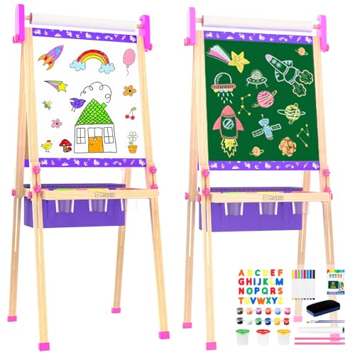 Wooden Art Easel for Kids,Double Sided Adjustable Magnetic Drawing Board | Kids Easel with Paper Roll,Whiteboard & Dry Erase Chalk Board,Toddler Easel for 4 -8 Year Old Boy Girl Birthday Gifts - color: Purple