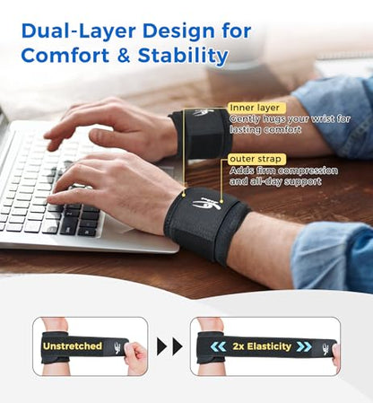 HiRui 2 Pack Wrist Compression Straps – Dual‑Layer Wrist Brace for Pain Relief & Support, Tendonitis, Carpal Tunnel, Arthritis – Adjustable Wrist Wraps for Fitness, Workouts & Everyday Use (Black)