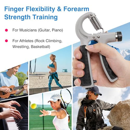 CYFIE Grip Strength Trainer Kit, Adjustable 10-132 lb, Hand Exerciser | Forearm Strengthener, Finger Stretcher, Stress Ball and Bag for Grip Recovery, Wrist Training, Rehab, Climbers and Musicians - color: Gray