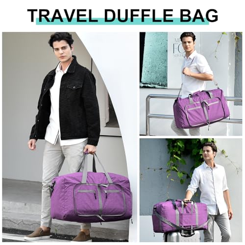 Dimayar 40L Foldable Duffle Bag, Travel & Weekender, Overnight, Gym | Lightweight, Carry-on, Packable, Waterproof & Tear Resistant, Travel Duffel Bag with Shoes Compartment for Men Women - color: Purple, size: 40L