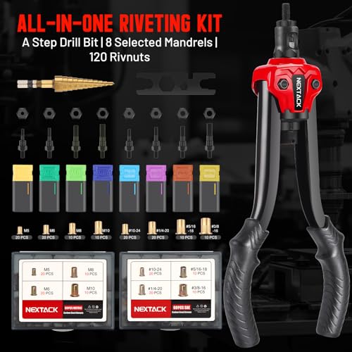 NEXTACK Rivet Nut Tool Kit with a Step Drill Bit, 120 Nutserts, Heavy Duty Rivnut Tool Set with 8 SAE & Metric Mandrels M5 M6 M8 M10 10-24 1/4-20 5/16-18 3/8-16, Organized Rugged Case (NT700) - size: 13-inch Rivnut Tool Kit/120 Nutserts