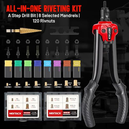 NEXTACK Rivet Nut Tool Kit with a Step Drill Bit, 120 Nutserts, Heavy Duty Rivnut Tool Set with 8 SAE & Metric Mandrels M5 M6 M8 M10 10-24 1/4-20 5/16-18 3/8-16, Organized Rugged Case (NT700) - size: 13-inch Rivnut Tool Kit/120 Nutserts