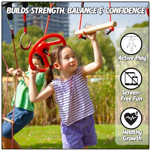 Trailblaze Ninja Warrior Obstacle Course - Ultimate Outdoor Fun 50 Ft Ninja Slackline Climbing Net, Rope Ladder, Trapeze, Swing, Monkey Bars (50ft Single Line Kit – 8 Obstacles) - color: 50ft Single Line Kit - 8 Obstacles