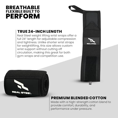 Real Steel Heavy-Duty Wrist Wraps for Weightlifting Men & Women - 24" Gym Wraps with Thumb Loop - Wrist Straps for Weightlifting Support, Powerlifting, and Strength Training - Workout Support Braces