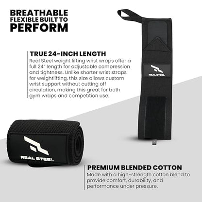 Real Steel Heavy-Duty Wrist Wraps for Weightlifting Men & Women - 24" Gym Wraps with Thumb Loop - Wrist Straps for Weightlifting Support, Powerlifting, and Strength Training - Workout Support Braces