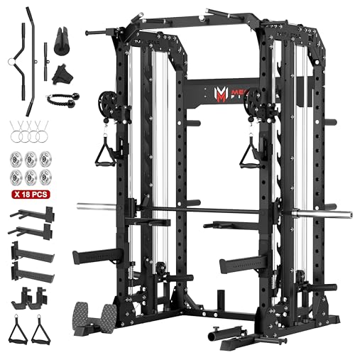 Smith Machine, 2600LBS Squat Rack, 7-in-1 Home Gym Cage with Adjustable Safety Bars, Pull-Up & LAT Pulldown - color: Black, size: P107 Smith Machine with Pulleys