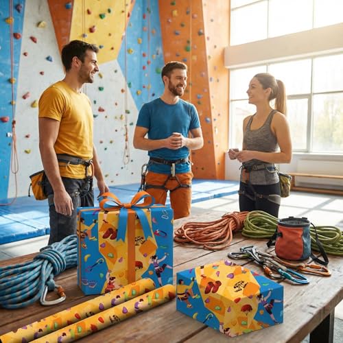 Liobelon Rock Climbing Wrapping Paper Roll – 17" x 16.5 Ft Climbing Gear Gift Wrap with Climbers, Carabiner, Rope & Chalk Bag, Bouldering Birthday Supplies for Outdoor Adventurers - color: Rock Climbing