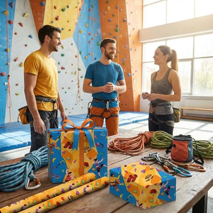 Liobelon Rock Climbing Wrapping Paper Roll – 17" x 16.5 Ft Climbing Gear Gift Wrap with Climbers, Carabiner, Rope & Chalk Bag, Bouldering Birthday Supplies for Outdoor Adventurers - color: Rock Climbing