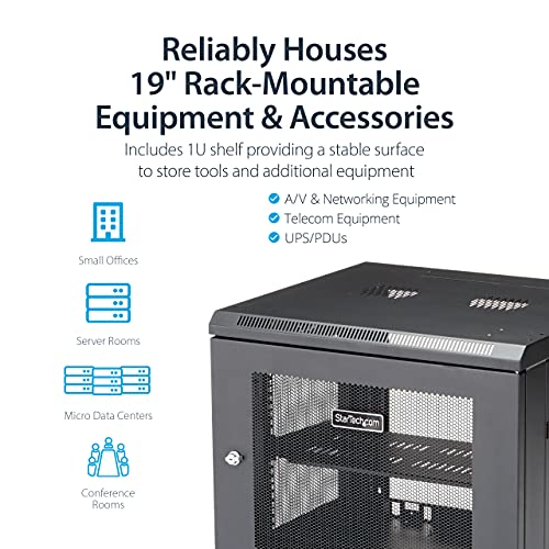 StarTech 9U Wall-Mount Cabinet, 19in, 4-Post, 18.9in Deep (RK920WALM) | Enclosed locking server rack kit for IT data equipment, Adjustable depth 2.4-18.9in, SPCC steel, Assembled - size: 9U, style: max 19" depth