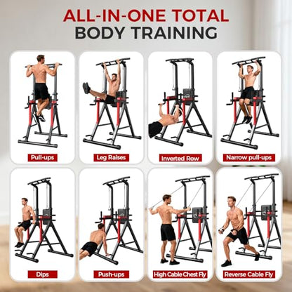 Power Tower Pull Up Bar Free Standing,Multi-Level Adjustable Height Dip Station, Multi-Grip Handles,Backrest,Home Gym Strength Training Equipment with Power Elastic Ropes,Capacity 400LBS