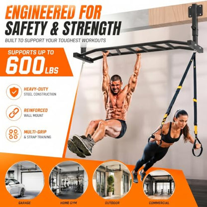 48" Joist Mounted Pull Up Bar, 600LBS Heavy Duty Multi Grip Ceiling Mount Chin Up Bar, Ceiling Beam for Home Gym/Garage/Basement with 5-Height Adjustable& Round Anchors, Easy to Install