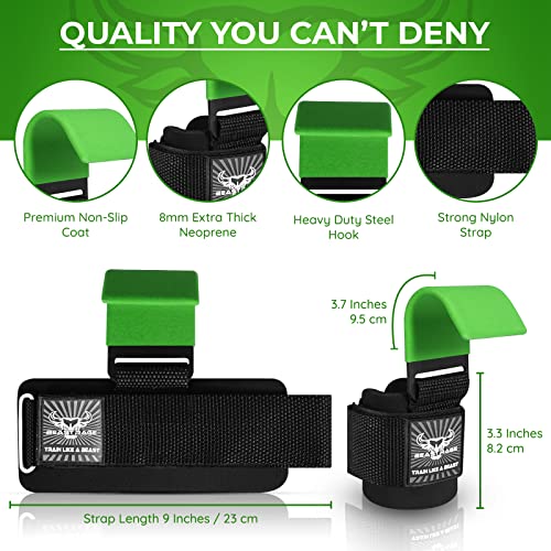 BEAST RAGE Workout Hooks for Men, Durable Coated Grip Gym Straps for Weightlifting Wrist Wraps Training Weight Lifting Strength Fitness Bodybuilding Anti Slip Women Hook Exercise - color: Green