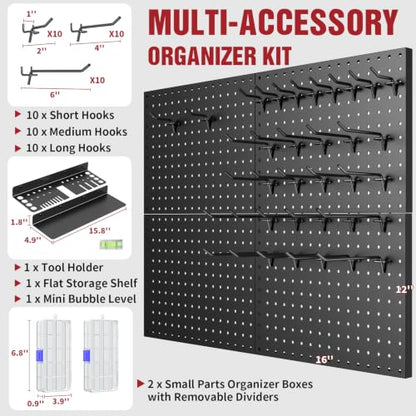 Heavy Duty Metal Pegboard Wall Organizer with 30 Hooks, Shelf and Tool Rack | Extra thick rustproof metal with 2 storage boxes, drywall anchors and screws for garage, workshop, gym and tool storage