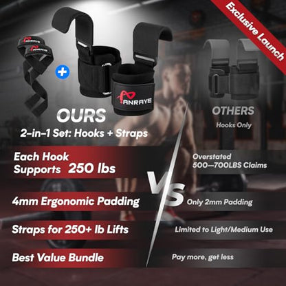 Weight Lifting Hooks & Wrist Straps Set – Lifting Hooks with Anti-Slip Grip, Adjustable Wrist Wraps for Weightlifting, Deadlifts, Powerlifting, Gym Straps for Men and Women