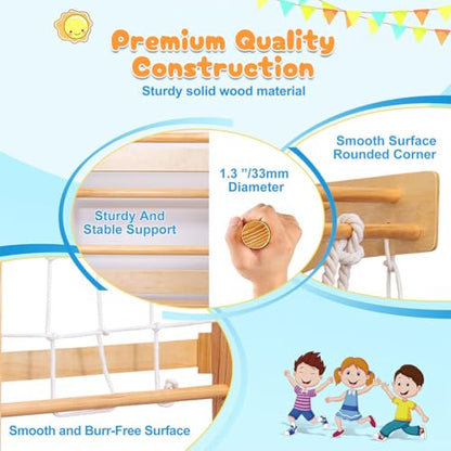 10-in-1 Swedish Ladder Wall Gym Set, Wooden Indoor Climbing Frame for Kids and Adults with Slide, Swing, Rock Climbing Wall, Gymnastic Rings, Rope Ladder, and Pull-Up Bar, Home Playground