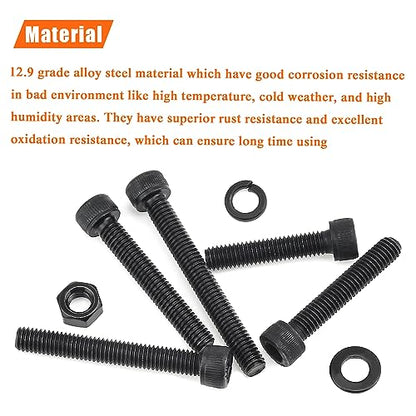 HELIFOUNER 80 Pieces M6 x 30mm /35mm /40mm /45mm /50mm, Hex Socket Head Cap Metric Screws Bolts Washers Nuts Kit, 12.9 Grade Alloy Steel, Fully Threaded, Black - size: M6 x 30/35/40/45/50mm, style: Socket Head