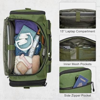 G4Free 3-in-1 Expandable Duffle Bag for Travel Gym, Large Duffel Backpack | 45L to 55L, with Shoes Compartment & Wet Pocket, for Men Women, Green - color: Green