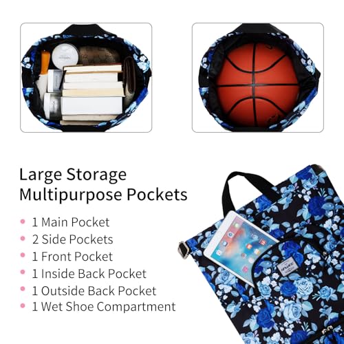 Dry Wet Drawstring Backpack with Shoe Compartment for Women Adjustable Gym Bag - color: Blue Rose