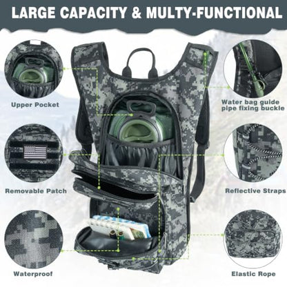 Hydration Backpack, Tactical Molle Water with 3L TPU Water Bladder | Lightweight Military Hydration Daypack for Hiking, Running, Cycling, Climbing, Biking, 105 oz, Breathable Back Panel - color: Black Camouflage