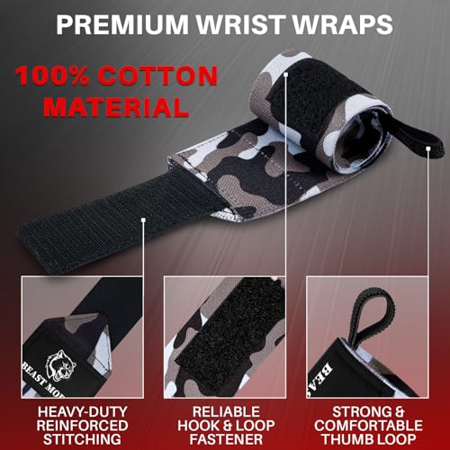 TECEUM Weightlifting 18" & 12" Wrist Wraps with Thumb Loop – Heavy Duty Wrist Workout Braces for Men and Women – Ideal for Powerlifting, Strength Training, Bodybuilding - color: Black Camo, style: 18" – Beast Mode