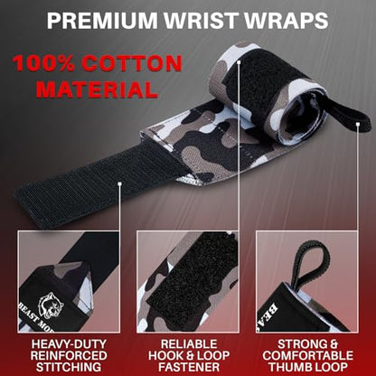 TECEUM Elastic Cotton Weightlifting Wrist Wraps with Thumb Loops, 1 Pair - color: Black Camo, style: 18" – Beast Mode