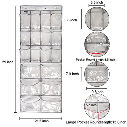 Extra Large Hanging Crystal Clear Over Door Shoe Organizer, Closet Shoe Rack with 12+6 Pockets, 8 Hooks, Grey (59"x 21.6") - color: A-grey&Clear
