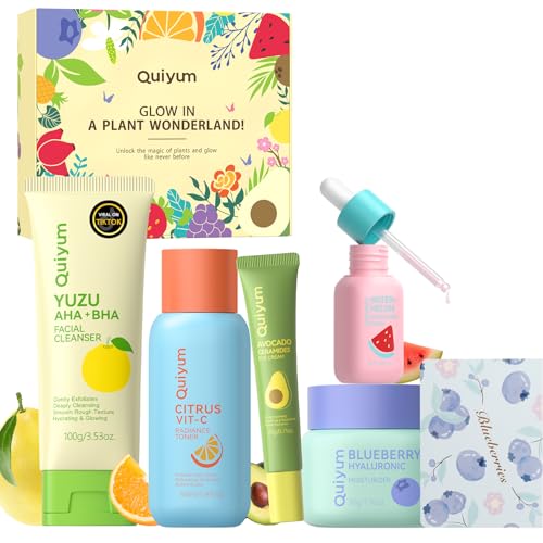 QUIYUM Fruit Skin Care Set, 5 Daily Skincare Routine for Women Teen Girl | Gentle Clean, Smooth, Glow, Moisturize, Facial Skincare Gift Set, for Birthday, Stocking Stuffers - size: 5 Count (Pack of 1)