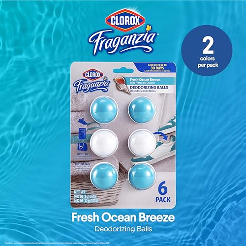 Clorox Fraganzia Deodorizing Balls for Shoes and Small Spaces, Twist-to-Activate No-Plug Odor Refresher Pods for Gym Bags, Lockers, Drawers, and Hampers, Ocean Breeze, 6 Count - 12 Pack - size: 6 Count (Pack of 12)