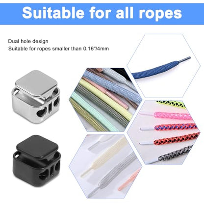 Gosknor 12pcs Heavy Duty Cord Locks, Double Hole Metal Press Cord Locks Pull Cord Stop Fastener Drawstring Stopper Draw String Clip for Lanyard Paracord Pants Shoelaces Drawstrings (Black, Silver)
