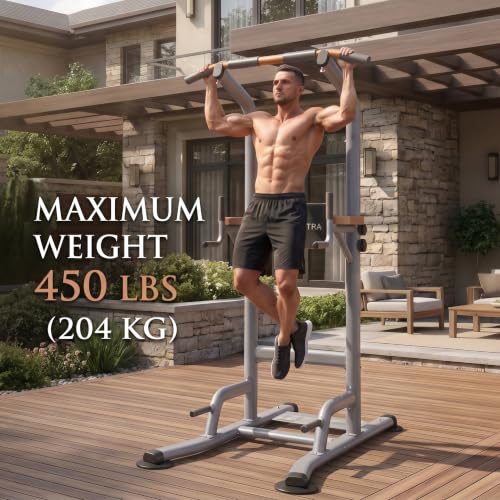 Multi-Function Power Tower Pull Up Bar Station with Pilates Resistance Bands, 450LBS Stable Pull Up Dip Station with Push Up Handles for Home Gym Strength Training Equipment - color: Stealth Grey - Beast Mode All-in-One
