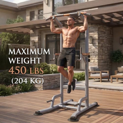 Multi-Function Power Tower Pull Up Bar Station with Pilates Resistance Bands, 450LBS Stable Pull Up Dip Station with Push Up Handles for Home Gym Strength Training Equipment - color: Stealth Grey - Beast Mode All-in-One