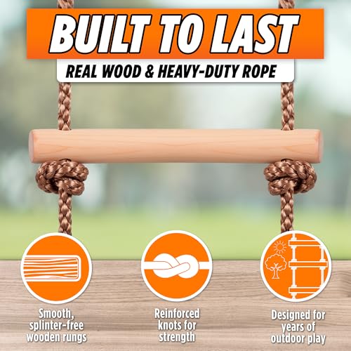 Wooden Rope Ladder for Kids - 6ft Tree Climbing Ladder with Carabiners | Real Wood Rungs, Heavy-Duty Rope, Holds 220 lbs, No-Tool Setup, for Treehouse, Swing Sets and Ninja Warrior Obstacle Course
