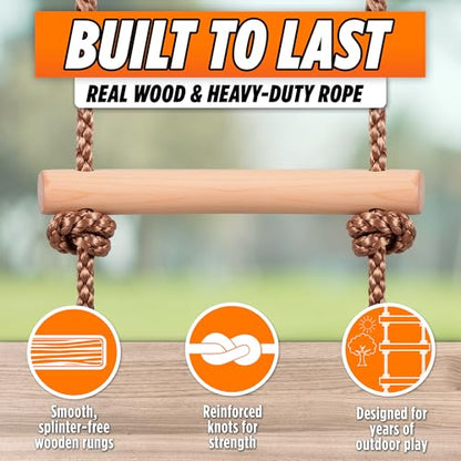 Wooden Rope Ladder for Kids - 6ft Tree Climbing Ladder with Carabiners | Real Wood Rungs, Heavy-Duty Rope, Holds 220 lbs, No-Tool Setup, for Treehouse, Swing Sets and Ninja Warrior Obstacle Course