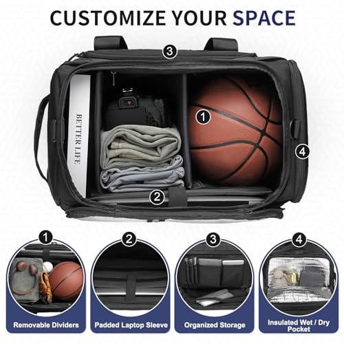 38L Convertible Duffel Backpack, 3 in 1 Gym Bag with Laptop Sleeve, Wet Pockets & Insulated Bottom, Black - color: Black, size: 38L