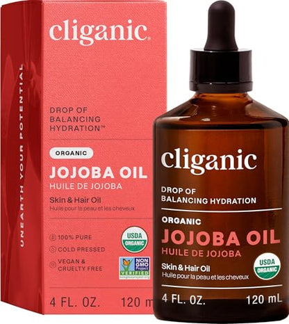 Cliganic Organic Jojoba Oil, 100% Pure (4oz) | Moisturizing for Face, Hair, Skin & Nails | Natural Cold Pressed Hexane Free | Base Carrier Oil - size: 4 Fl Oz (Pack of 1)