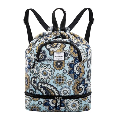 Dry Wet Drawstring Backpack with Shoe Compartment for Women Adjustable Gym Bag - color: Geometric Flower