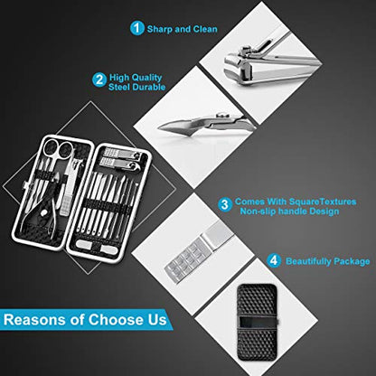 Yougai Manicure Set 18 Pieces Professional Nail Clippers Pedicure Kit Men Women, Stainless Steel Fingernail Toenail Cutters, Nail Care Grooming Tools with Leather Travel Case - color: Black