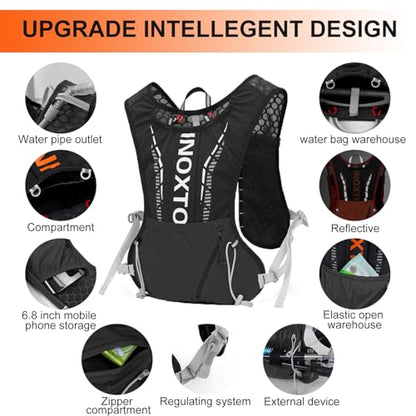 INOXTO Running Hydration Vest Backpack,Lightweight Insulated Pack with 1.5L Water Bladder Bag Daypack for Trail Hiking Running Cycling Race Marathon for Women Men - color: Dark black stripe