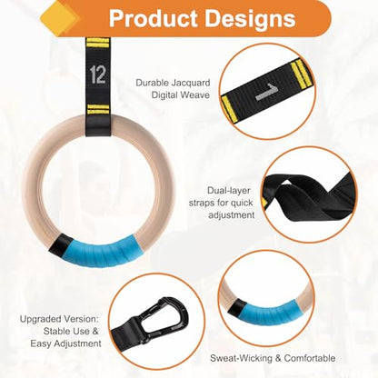 Wooden Gym Rings, 9ft Numbered Double-Layer Quick Adjust Straps | Sturdy wooden gymnastic rings build upper body and core strength for daily bodyweight fitness and muscle shaping routines