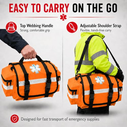 NOVAMEDIC NM-RO63P Professional First Responder Bag, 17” x 9” x 7” Empty EMT Trauma Kit Carrier with Removable Dividers, Reflective Strips, Water-Resistant Base for Emergency Medical Supplies (Orange) - color: Orange