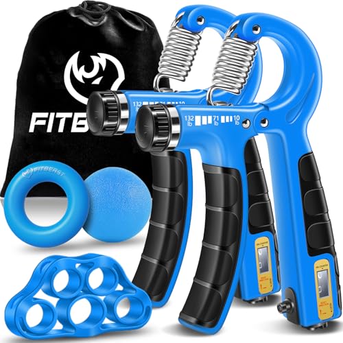FitBeast Hand Grip Strengthener Workout Kit (5 Pack), 2 Forearm Grip Adjustable Resistance Hand Gripper, Finger Stretcher, Grip Ring & Stress Relief Grip Ball for Athletes - color: Sky Blue